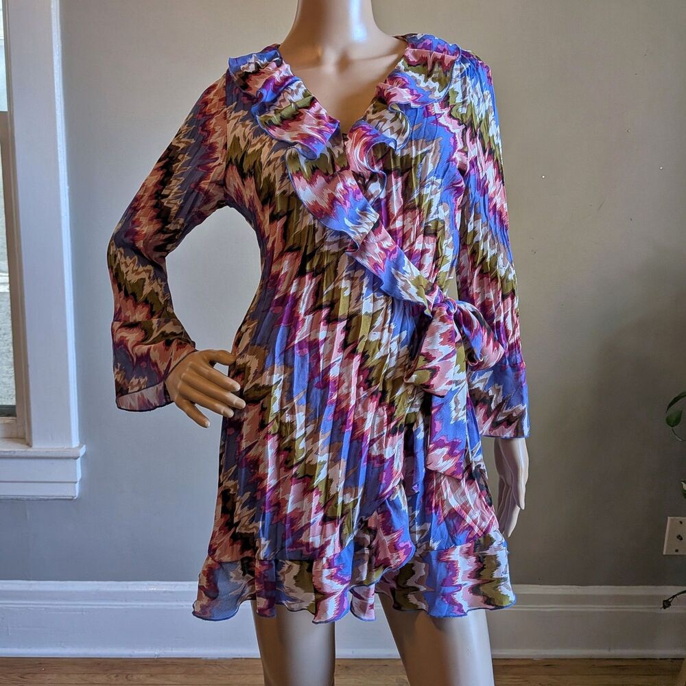Vintage Y2K Sunny Leigh Mini Wrap Dress Ruffle Fairycore Boho Tie Dye Size Large
